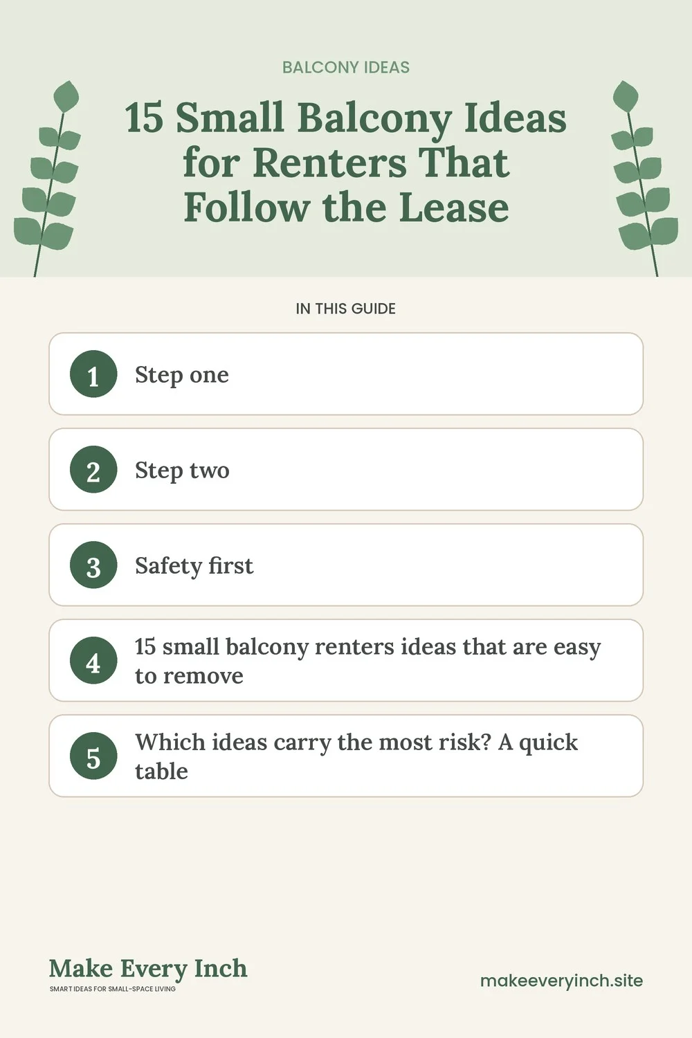 Pinterest pin listing the main topics in: 15 Small Balcony Ideas for Renters That Follow the Lease