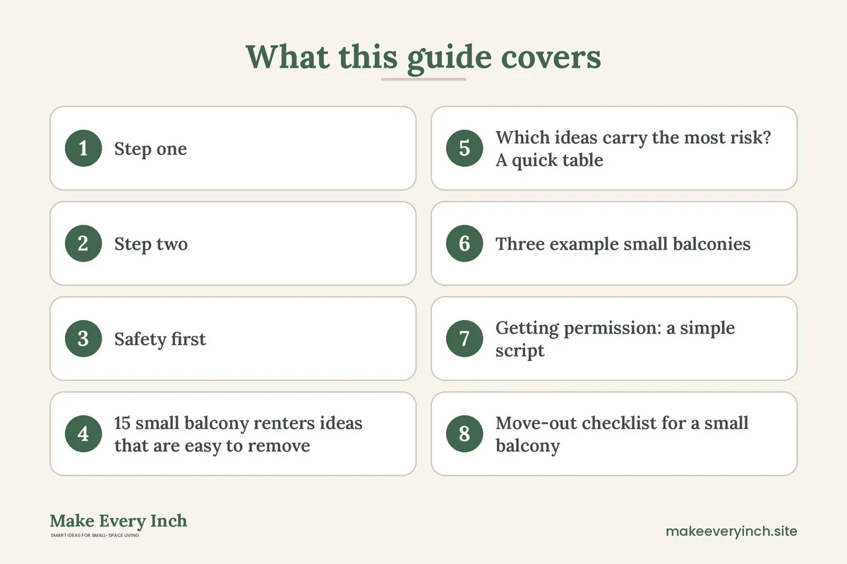 Graphic listing 8 topics covered in: 15 Small Balcony Ideas for Renters That Follow the Lease