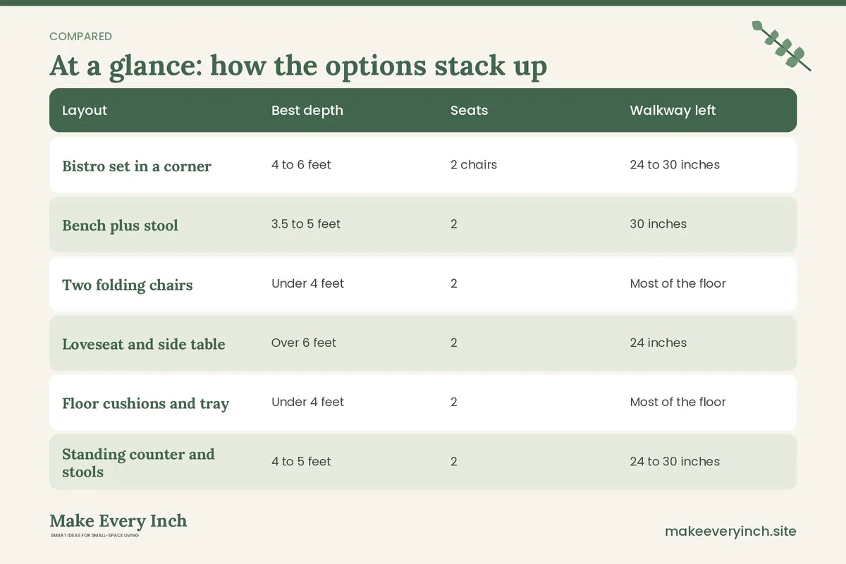 Comparison table of options for: 15 Small Balcony Ideas for Two People (Layout, Best depth, Seats, Walkway left)