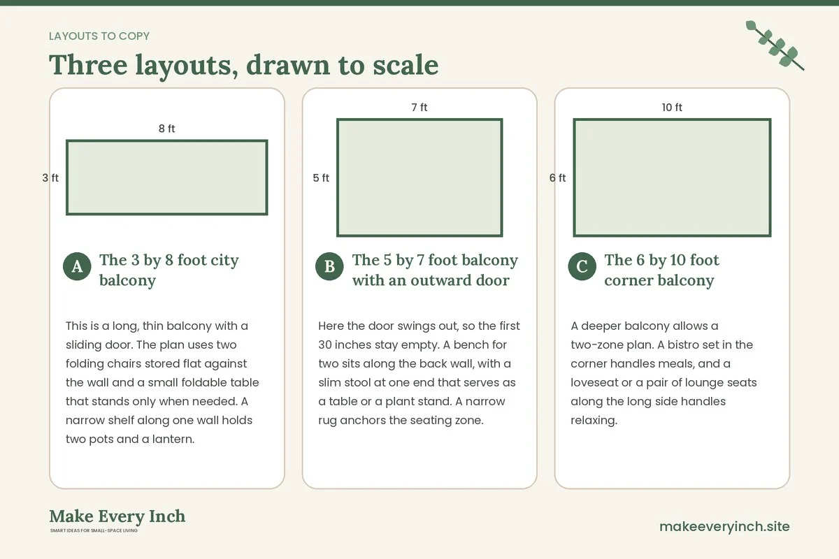 Three room layouts drawn to scale with dimensions and placement notes for: 15 Small Balcony Ideas for Two People