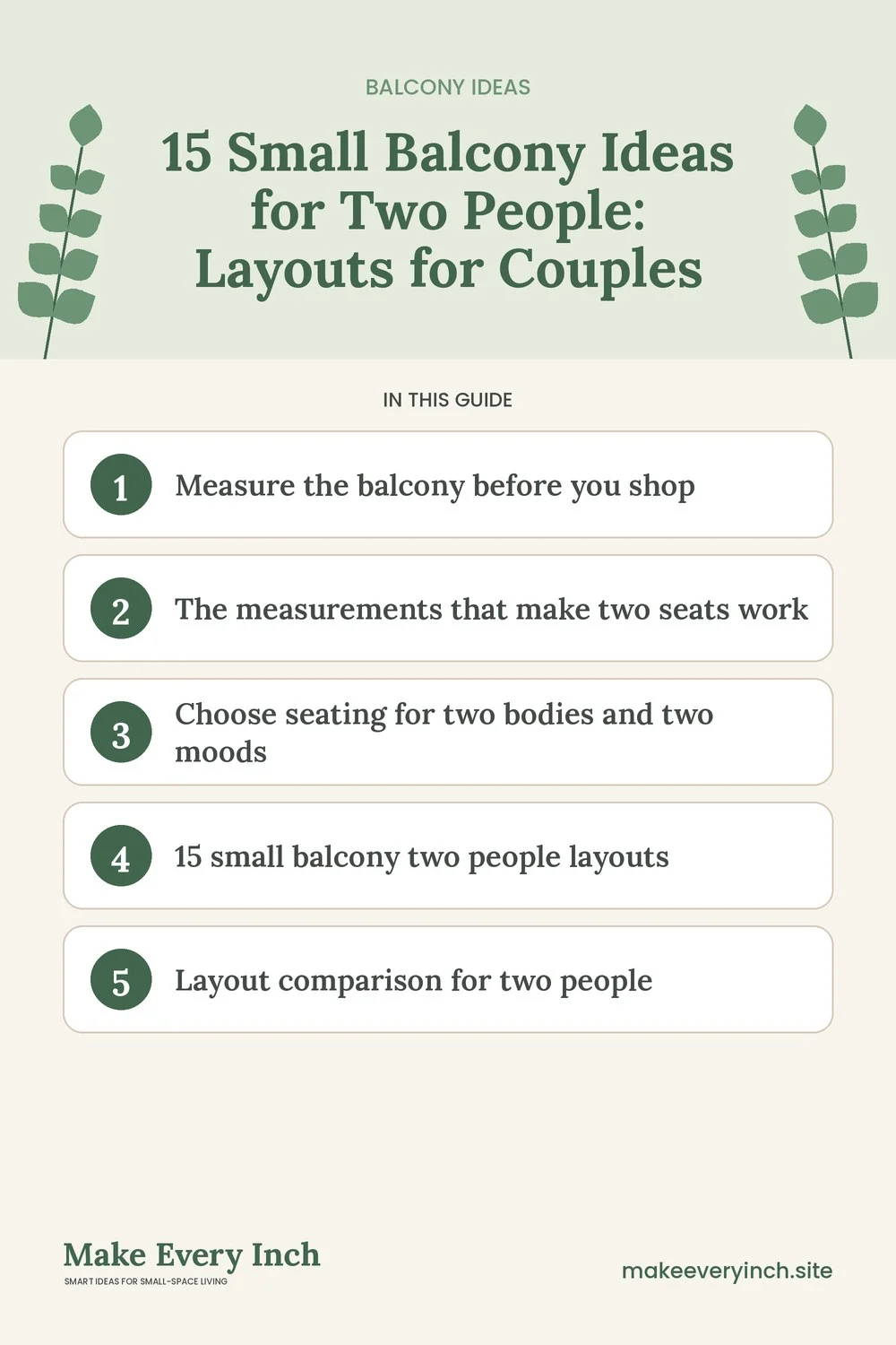Pinterest pin listing the main topics in: 15 Small Balcony Ideas for Two People