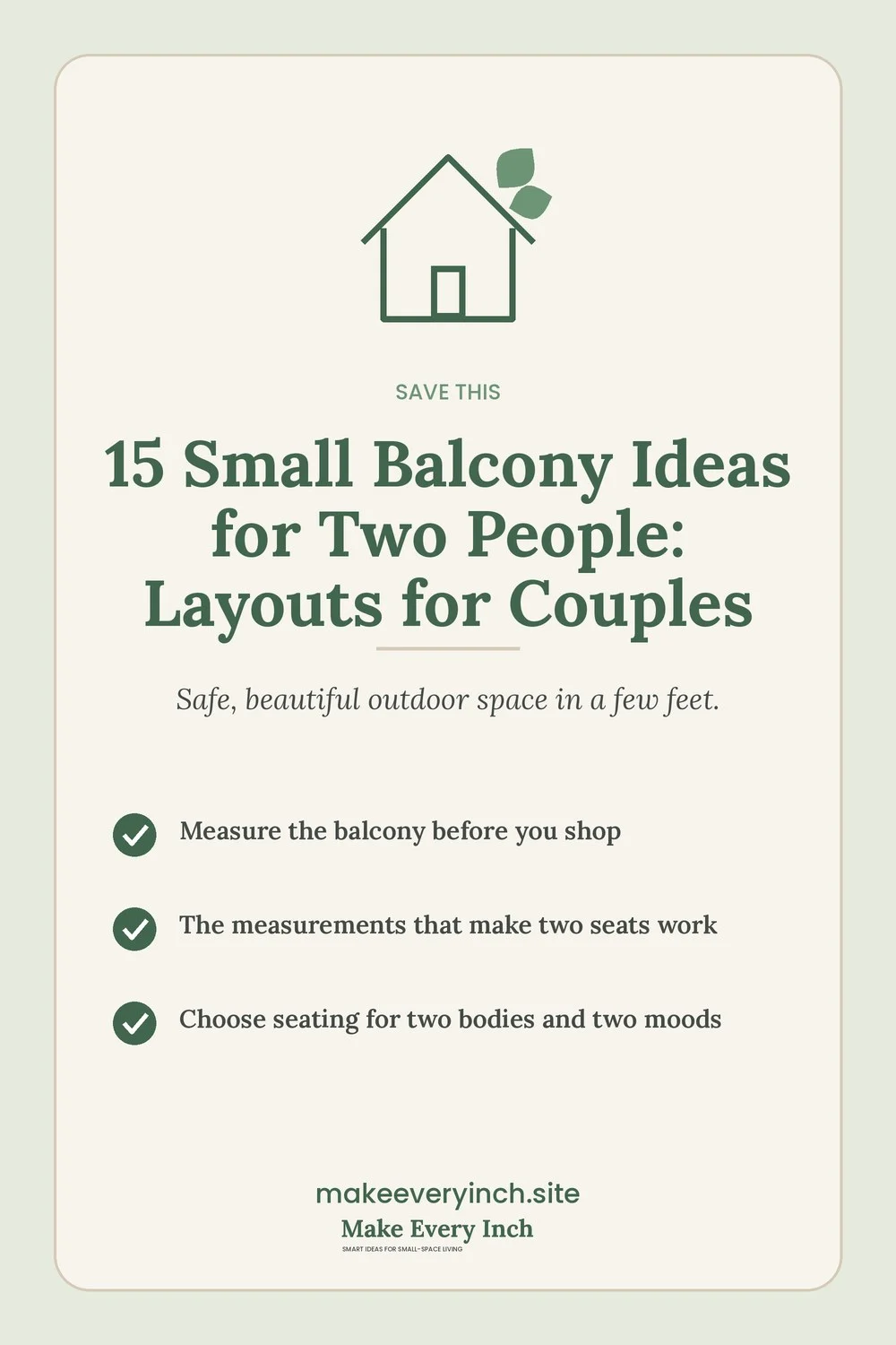 Save-this Pinterest pin with a short checklist for: 15 Small Balcony Ideas for Two People