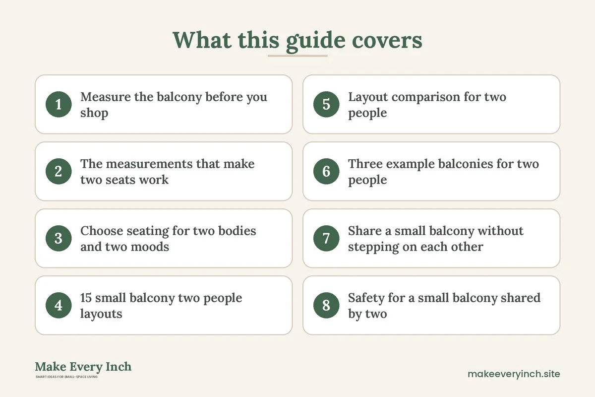 Graphic listing 8 topics covered in: 15 Small Balcony Ideas for Two People