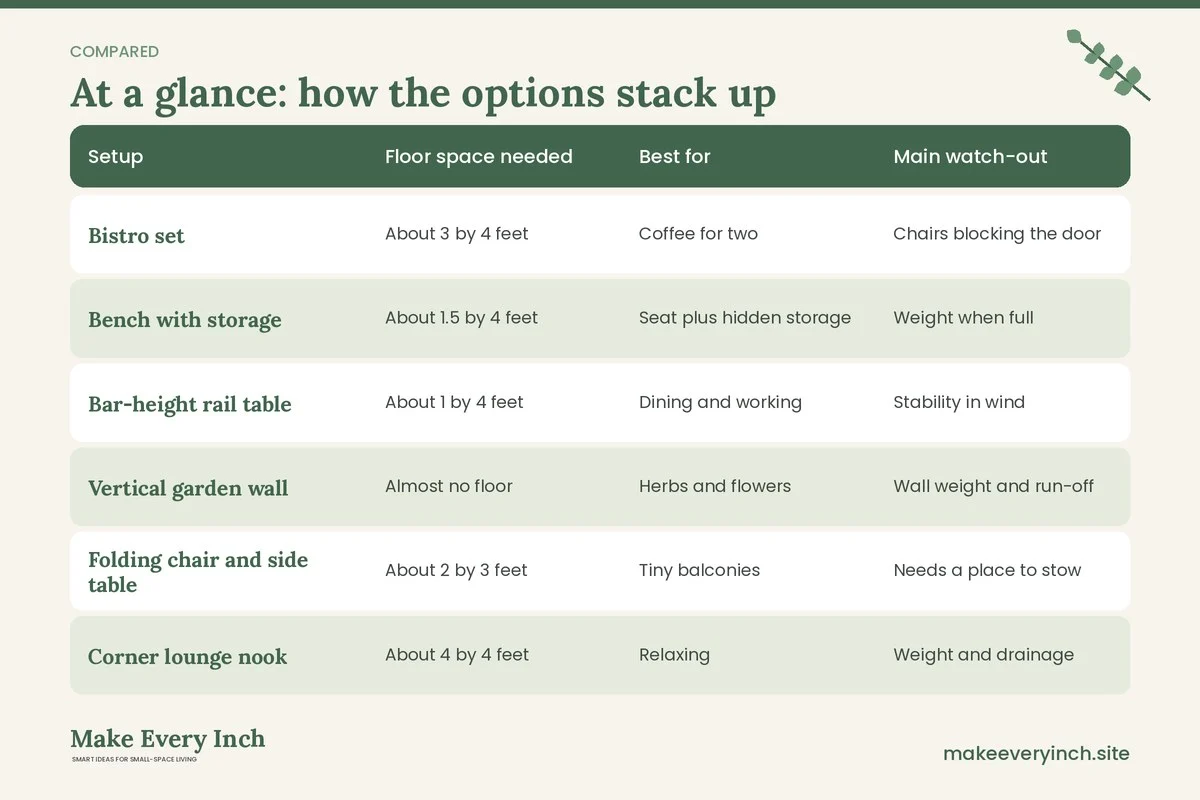 Comparison table of options for: Small Balcony Ideas (Setup, Floor space needed, Best for, Main watch-out)