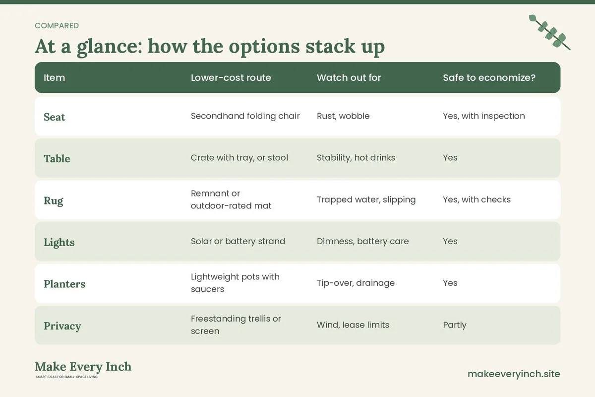Comparison table of options for: 16 Small Balcony Ideas on a Budget You Can Build in Stages (Item, Lower-cost route, Watch out for, Safe to economize?)