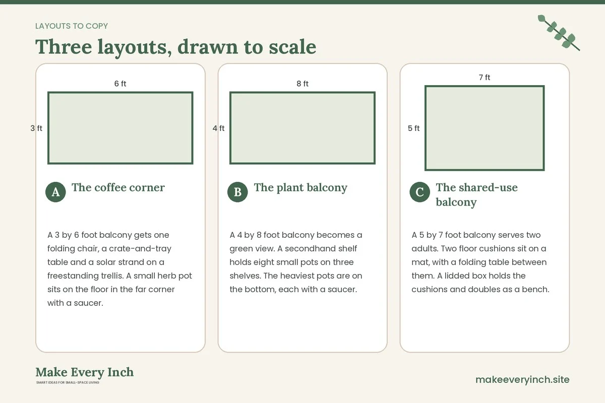 Three room layouts drawn to scale with dimensions and placement notes for: 16 Small Balcony Ideas on a Budget You Can Build in Stages