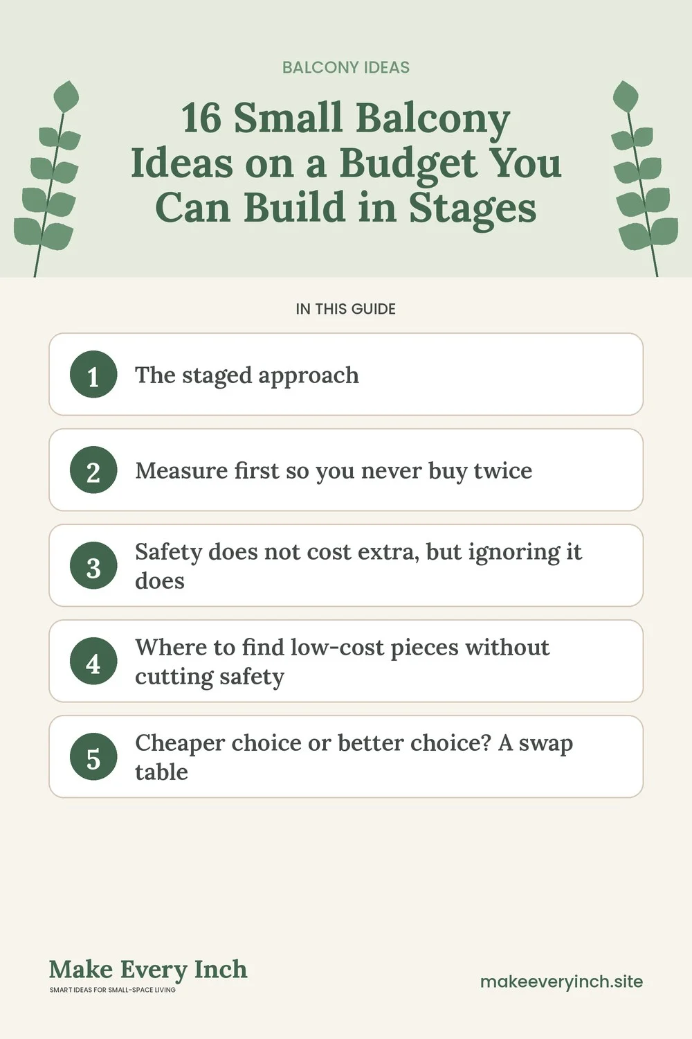 Pinterest pin listing the main topics in: 16 Small Balcony Ideas on a Budget You Can Build in Stages