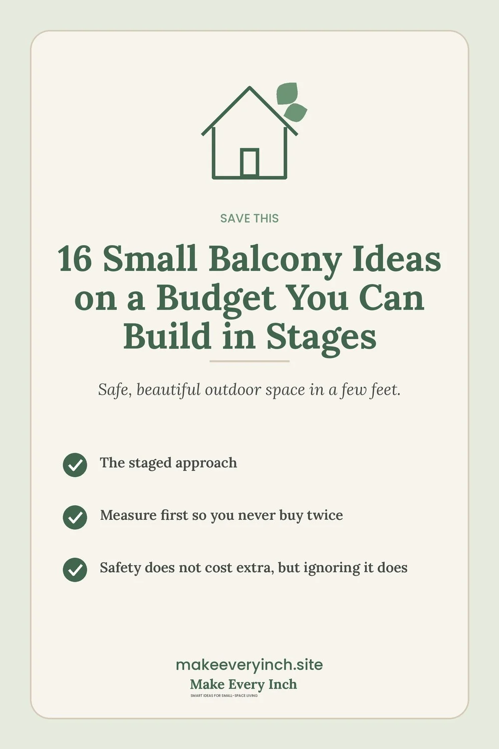Save-this Pinterest pin with a short checklist for: 16 Small Balcony Ideas on a Budget You Can Build in Stages