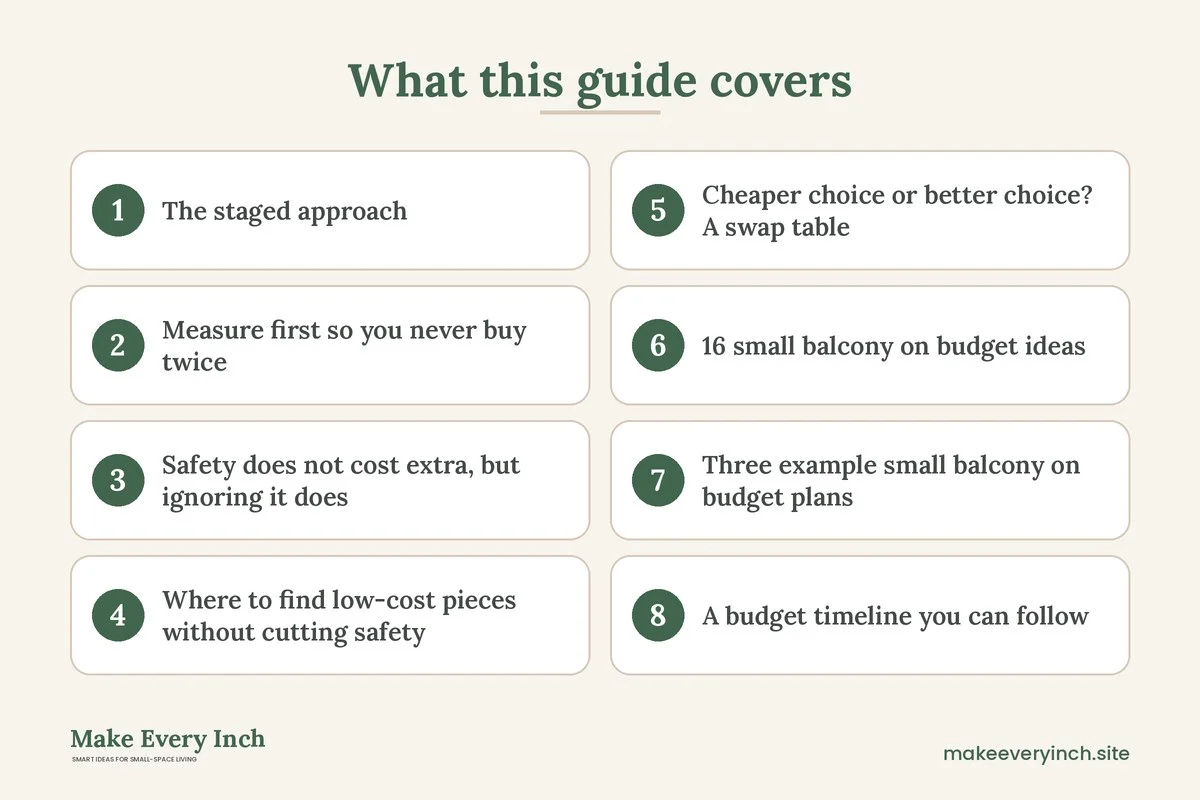 Graphic listing 8 topics covered in: 16 Small Balcony Ideas on a Budget You Can Build in Stages