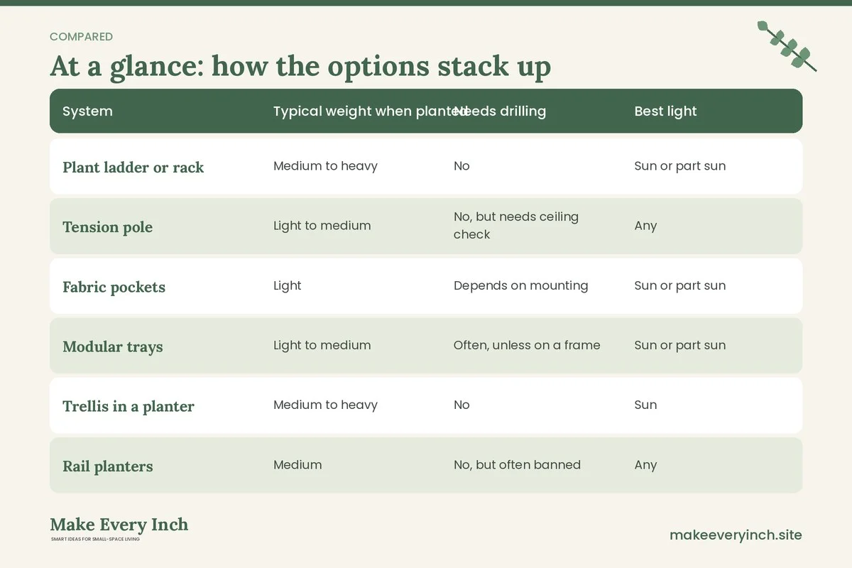 Comparison table of options for: Small Balcony Ideas with Vertical Gardens (System, Typical weight when planted, Needs drilling, Best light)