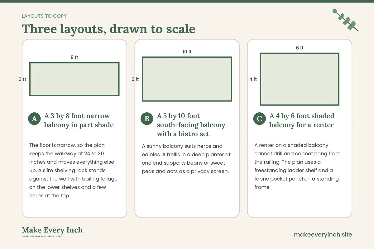 Three room layouts drawn to scale with dimensions and placement notes for: Small Balcony Ideas with Vertical Gardens