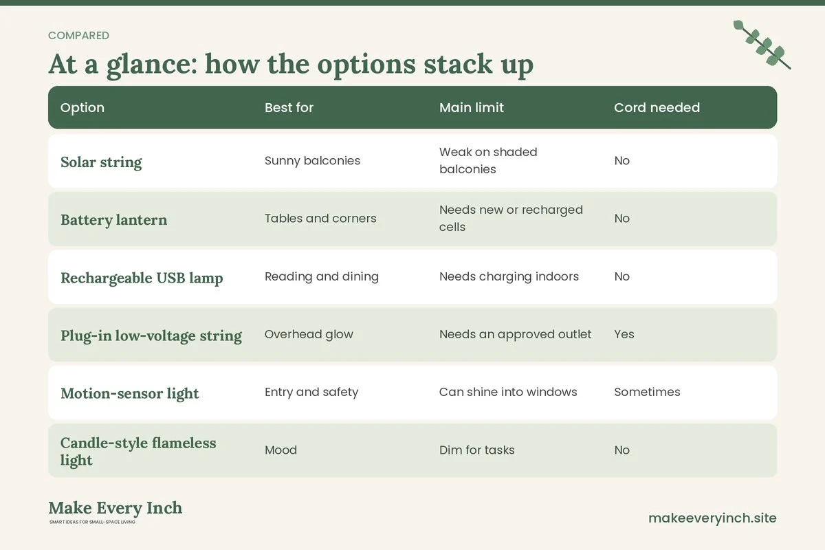 Comparison table of options for: 17 Small Balcony Lighting Ideas for Safe, Cozy Evenings (Option, Best for, Main limit, Cord needed)