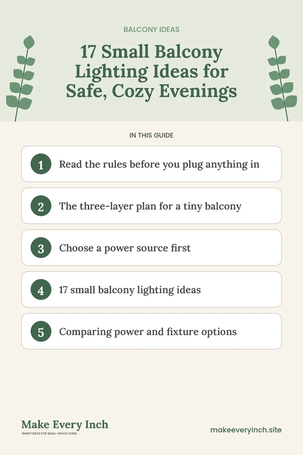 Pinterest pin listing the main topics in: 17 Small Balcony Lighting Ideas for Safe, Cozy Evenings
