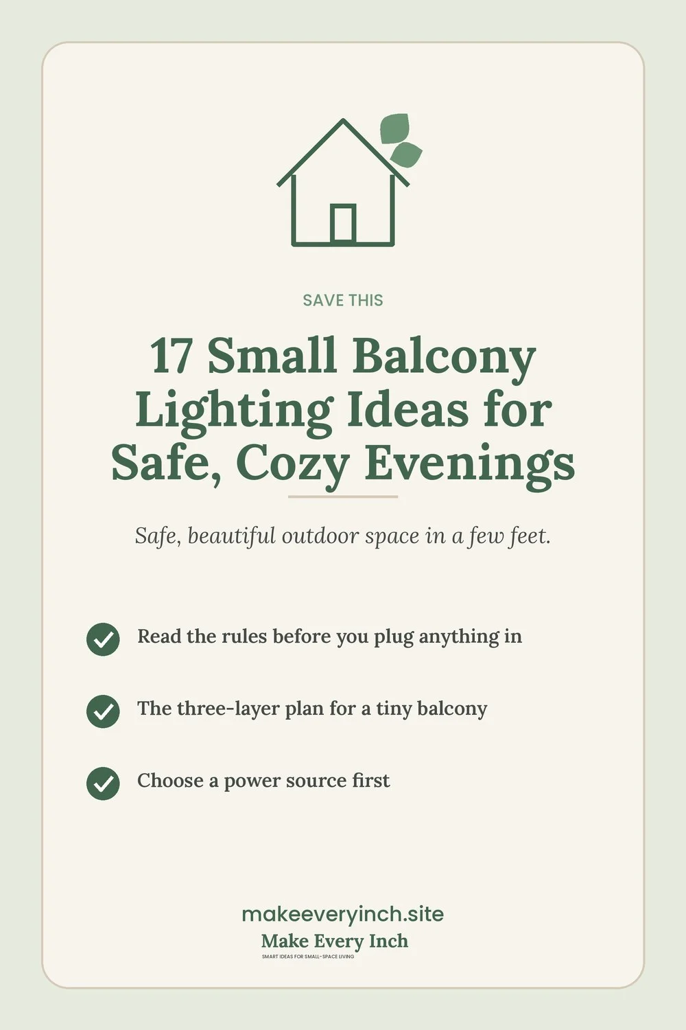 Save-this Pinterest pin with a short checklist for: 17 Small Balcony Lighting Ideas for Safe, Cozy Evenings