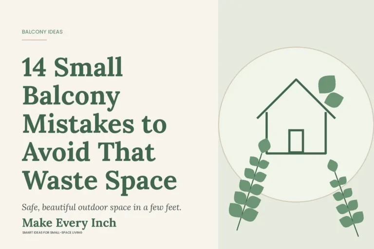14 Small Balcony Mistakes to Avoid That Waste Space, Make Every Inch cover with a house and leaf illustration