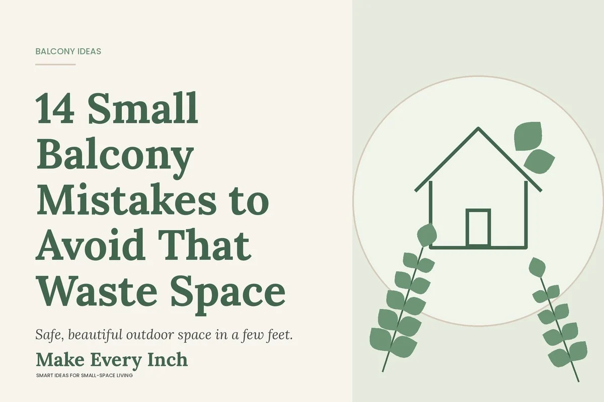 14 Small Balcony Mistakes to Avoid That Waste Space, Make Every Inch cover with a house and leaf illustration