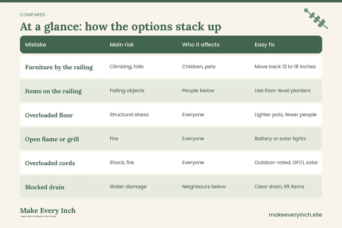 Comparison table of options for: 14 Small Balcony Mistakes to Avoid That Waste Space (Mistake, Main risk, Who it affects, Easy fix)
