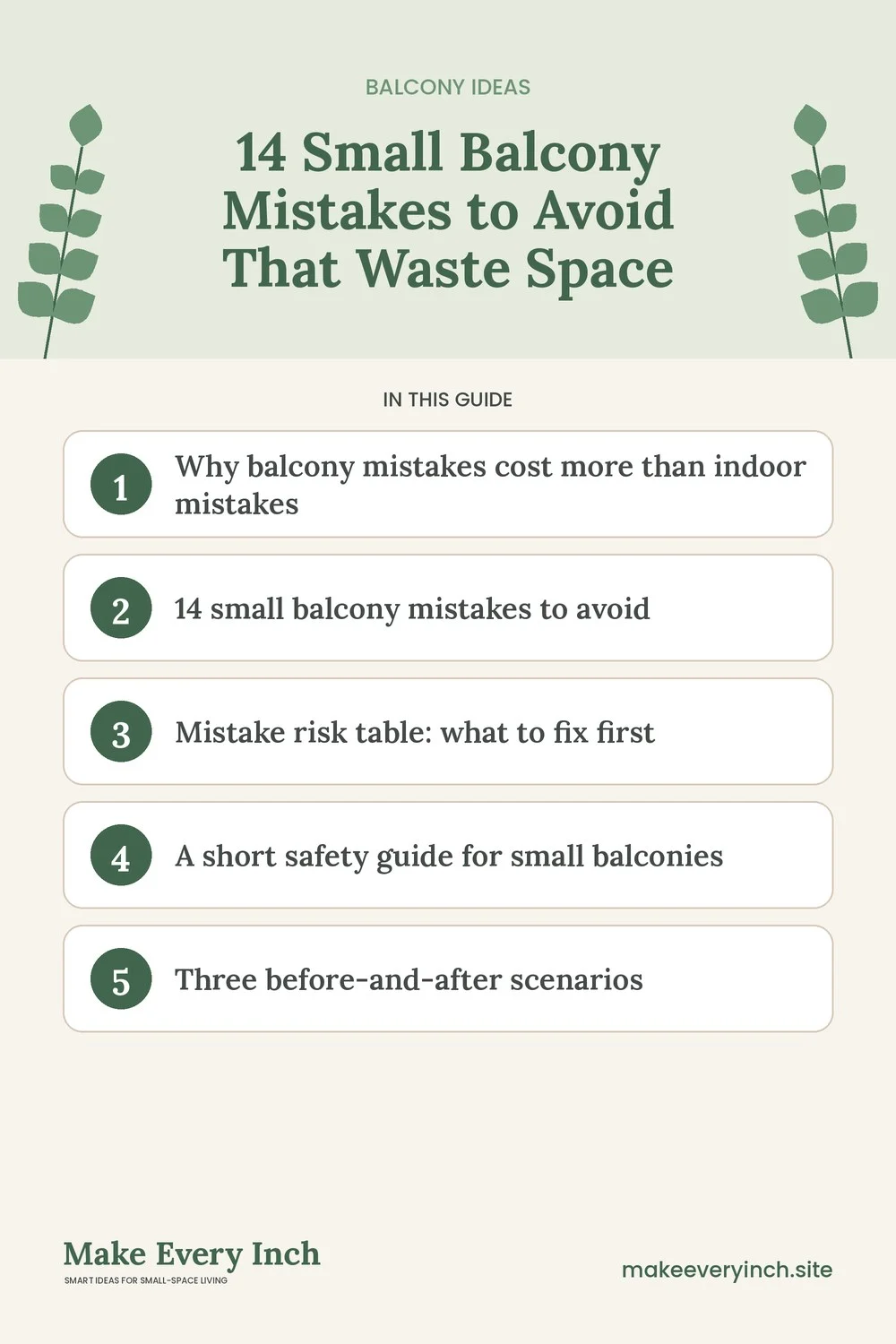 Pinterest pin listing the main topics in: 14 Small Balcony Mistakes to Avoid That Waste Space