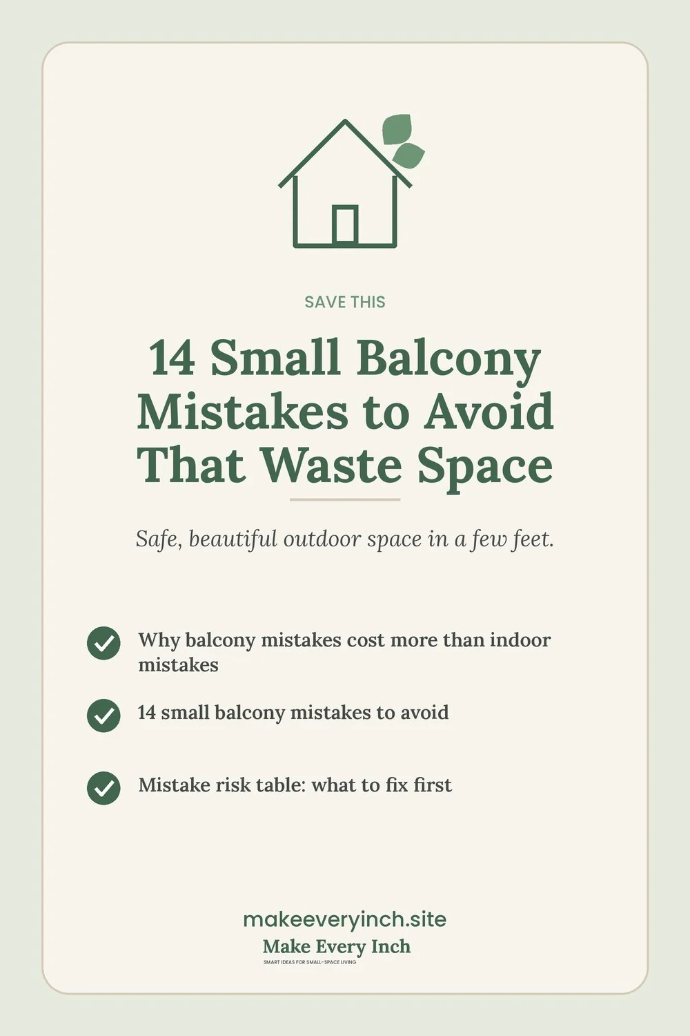 Save-this Pinterest pin with a short checklist for: 14 Small Balcony Mistakes to Avoid That Waste Space