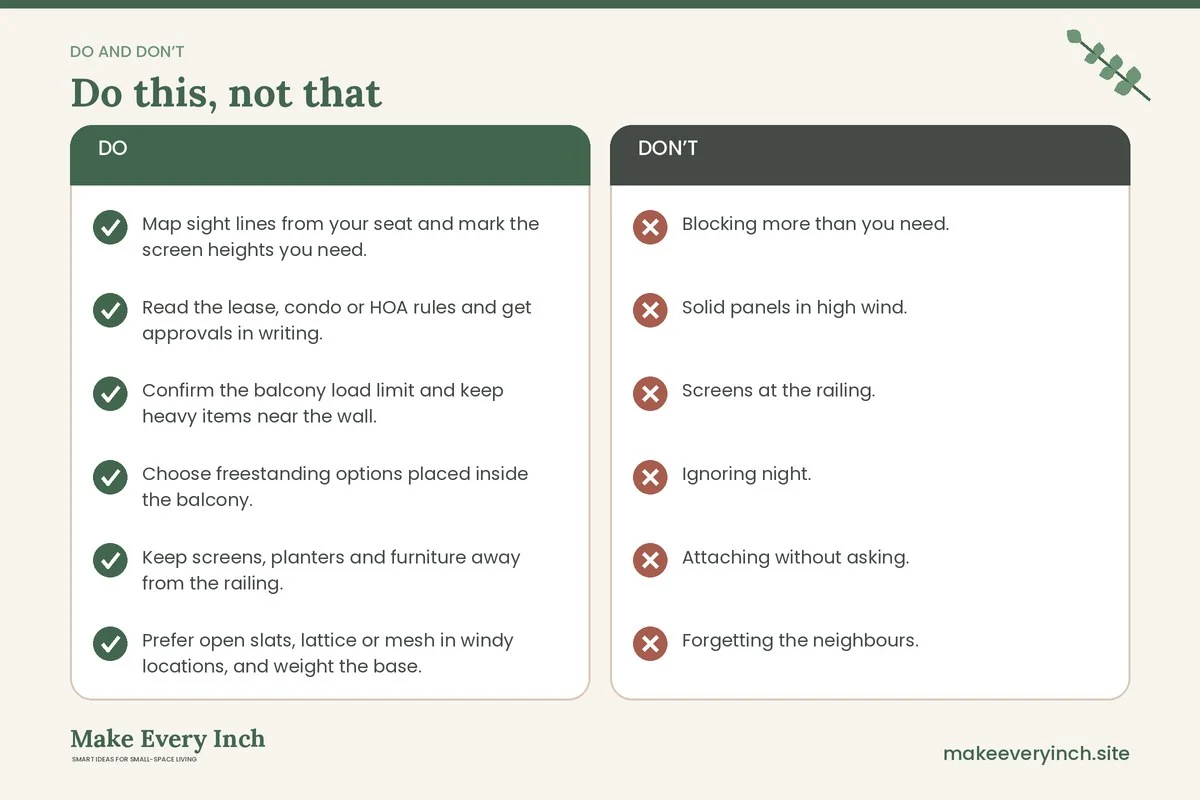 Do and don't checklist for: Small Balcony Privacy Ideas