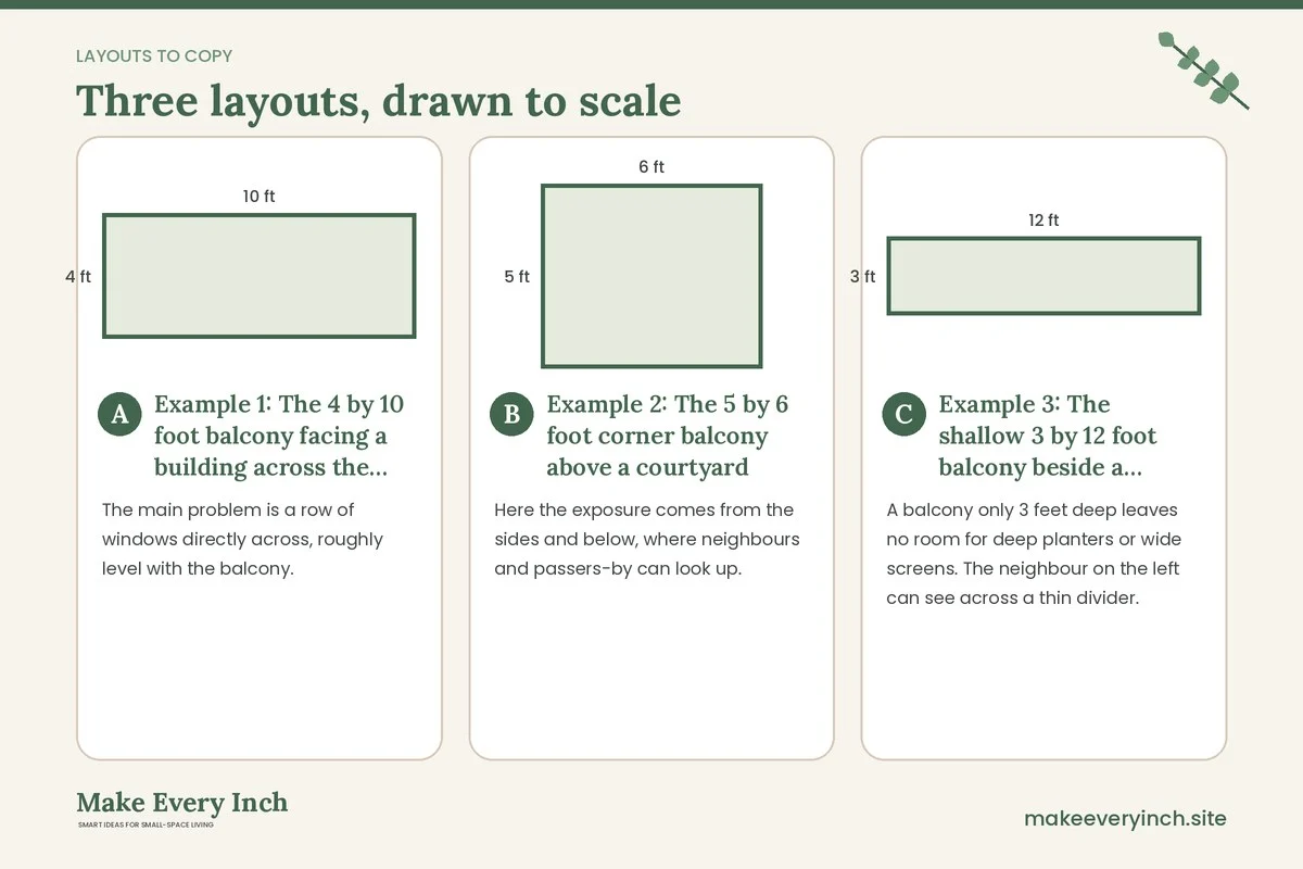 Three room layouts drawn to scale with dimensions and placement notes for: Small Balcony Privacy Ideas