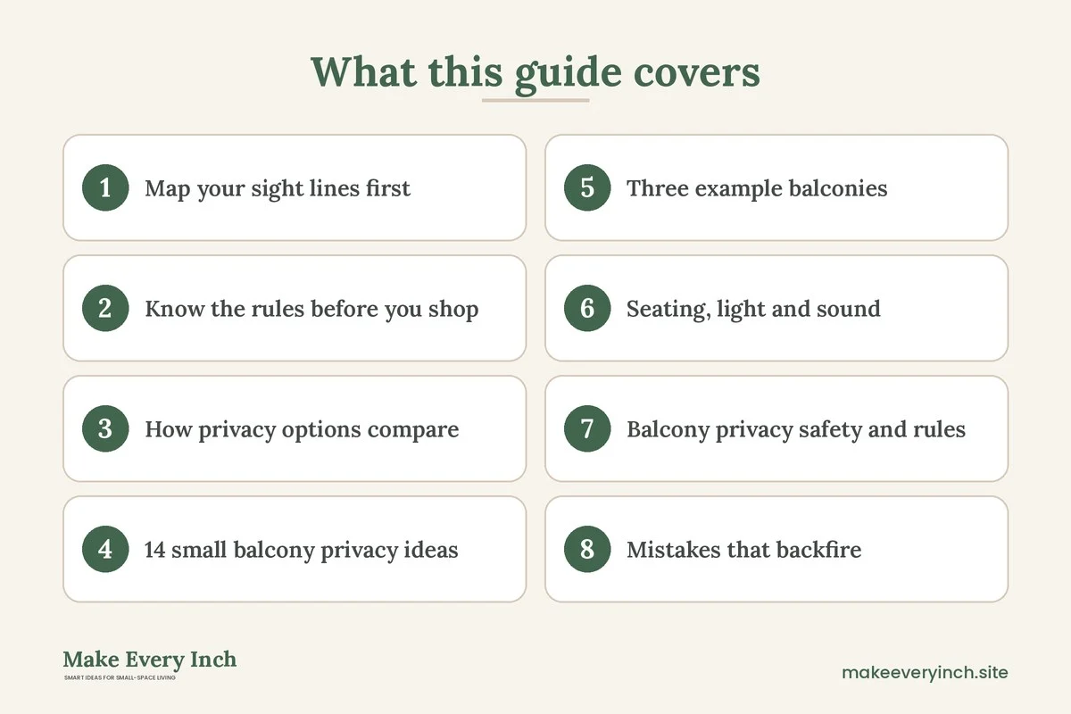 Graphic listing 8 topics covered in: Small Balcony Privacy Ideas