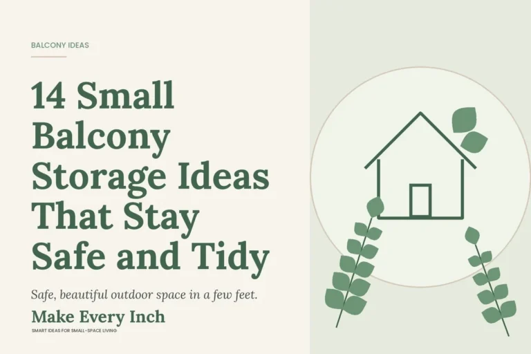 14 Small Balcony Storage Ideas That Stay Safe and Tidy, Make Every Inch cover with a house and leaf illustration