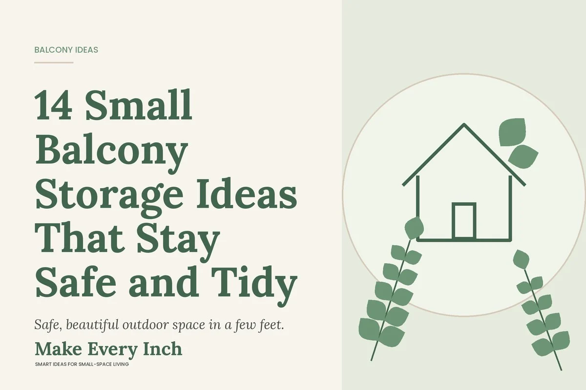 14 Small Balcony Storage Ideas That Stay Safe and Tidy, Make Every Inch cover with a house and leaf illustration