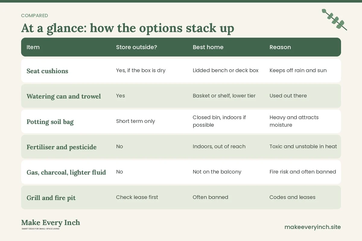 Comparison table of options for: 14 Small Balcony Storage Ideas That Stay Safe and Tidy (Item, Store outside?, Best home, Reason)