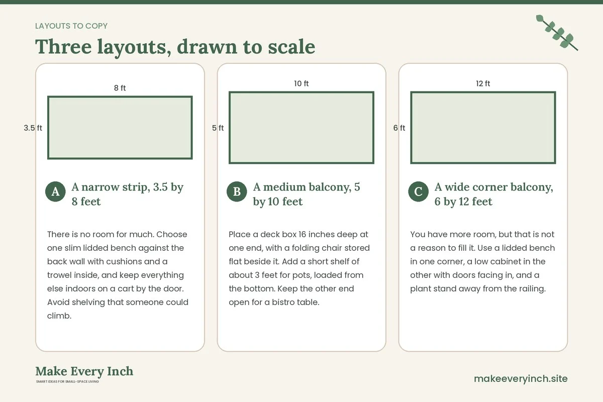 Three room layouts drawn to scale with dimensions and placement notes for: 14 Small Balcony Storage Ideas That Stay Safe and Tidy