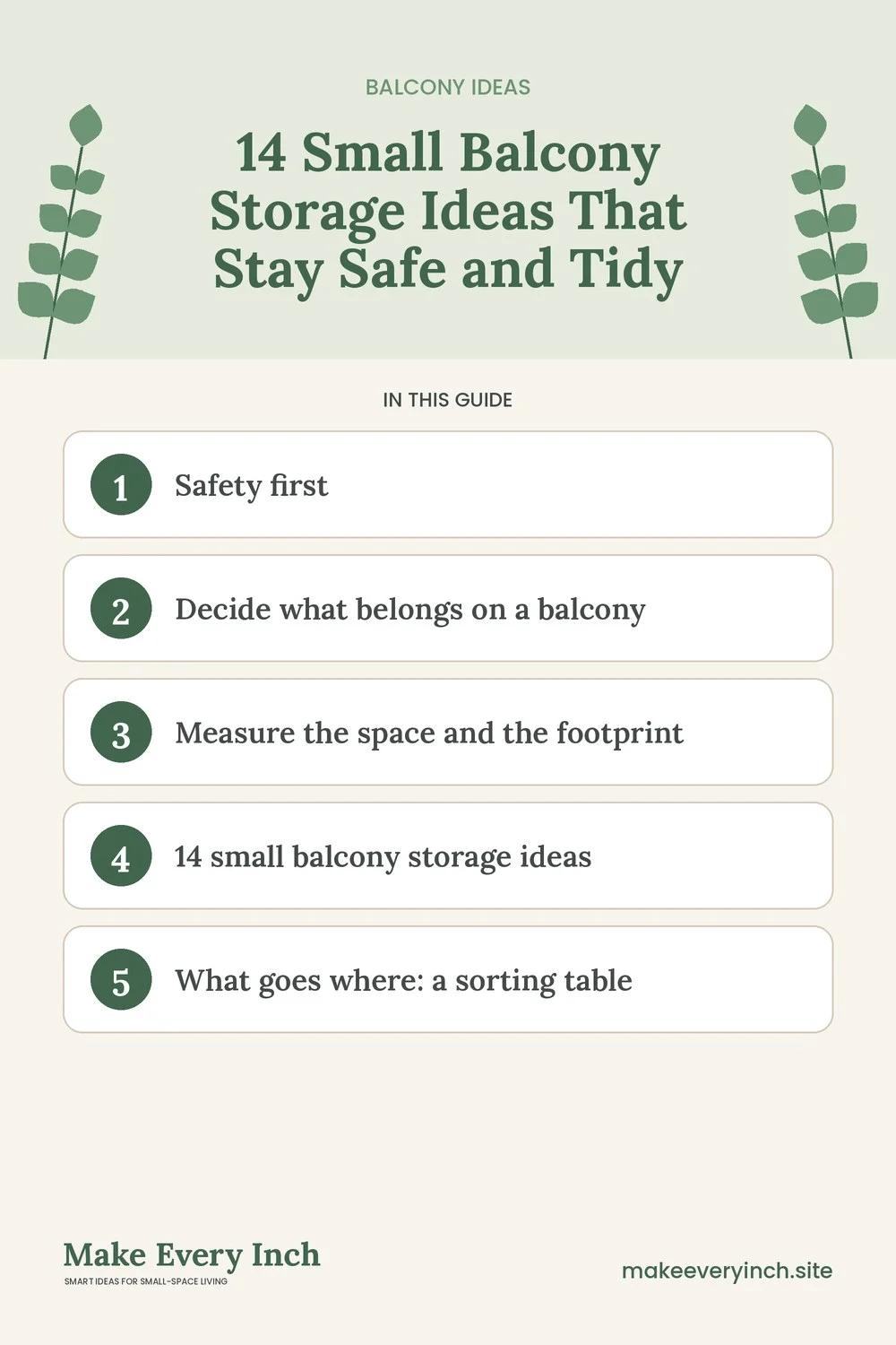 Pinterest pin listing the main topics in: 14 Small Balcony Storage Ideas That Stay Safe and Tidy