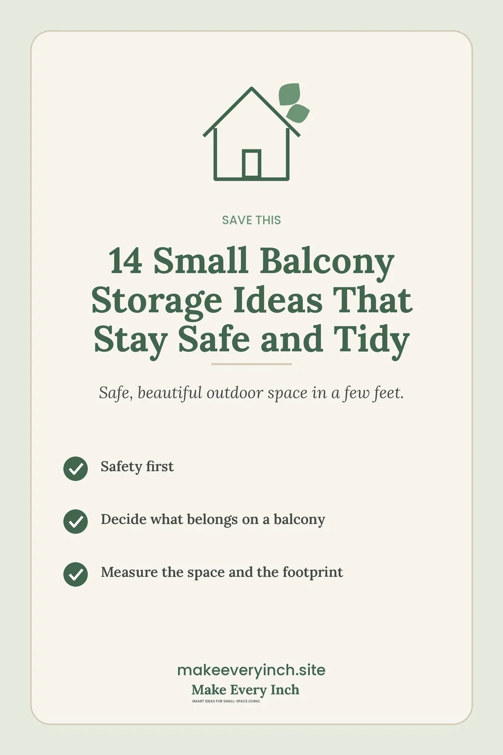 Save-this Pinterest pin with a short checklist for: 14 Small Balcony Storage Ideas That Stay Safe and Tidy
