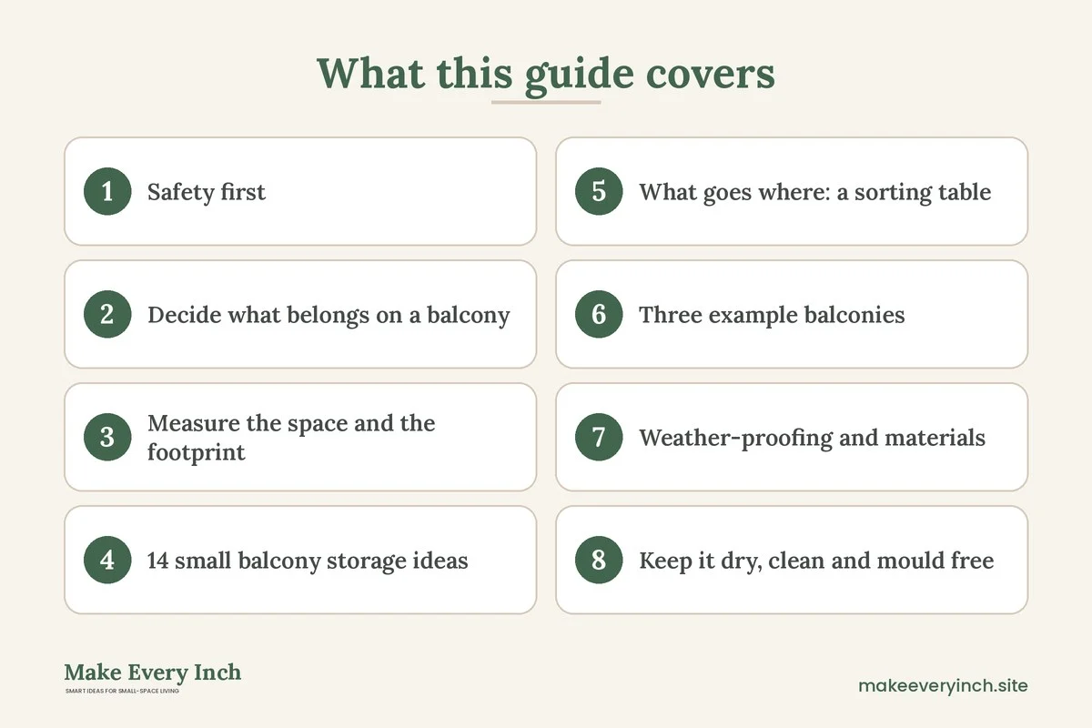 Graphic listing 8 topics covered in: 14 Small Balcony Storage Ideas That Stay Safe and Tidy