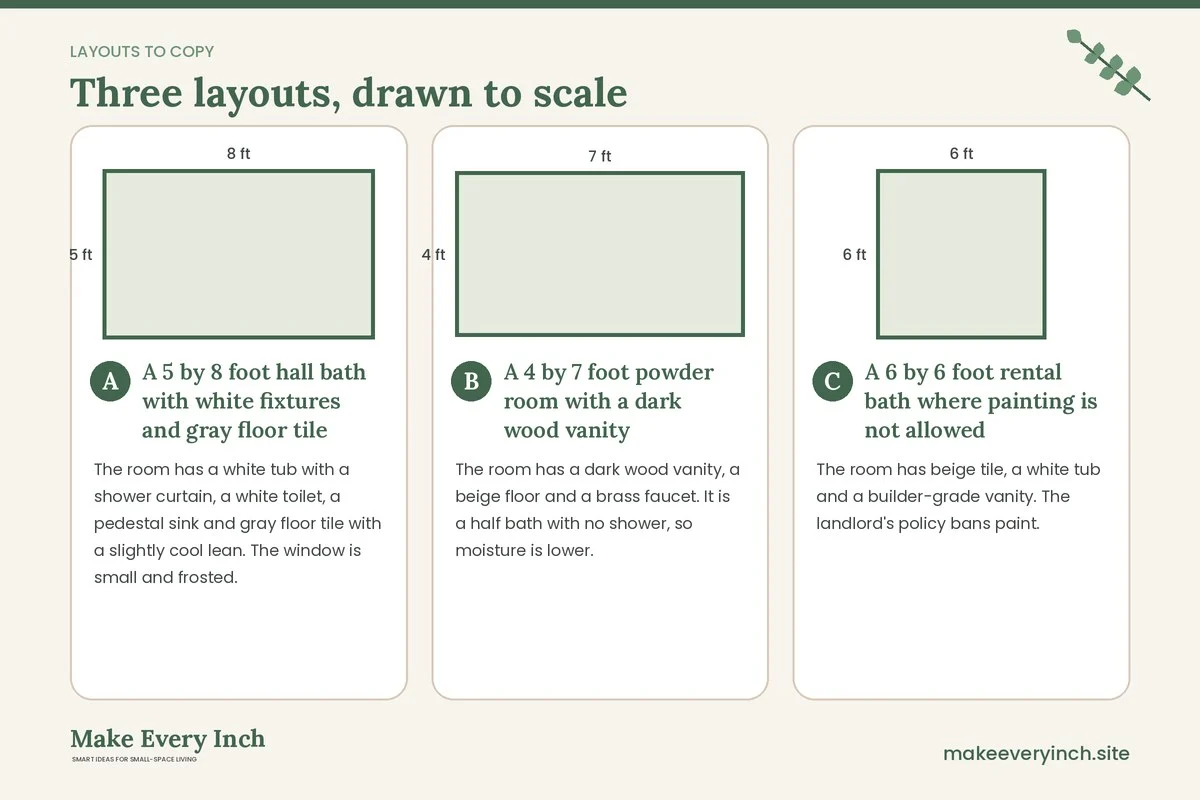 Three room layouts drawn to scale with dimensions and placement notes for: Small Bathroom Color Schemes That Open Up the Room
