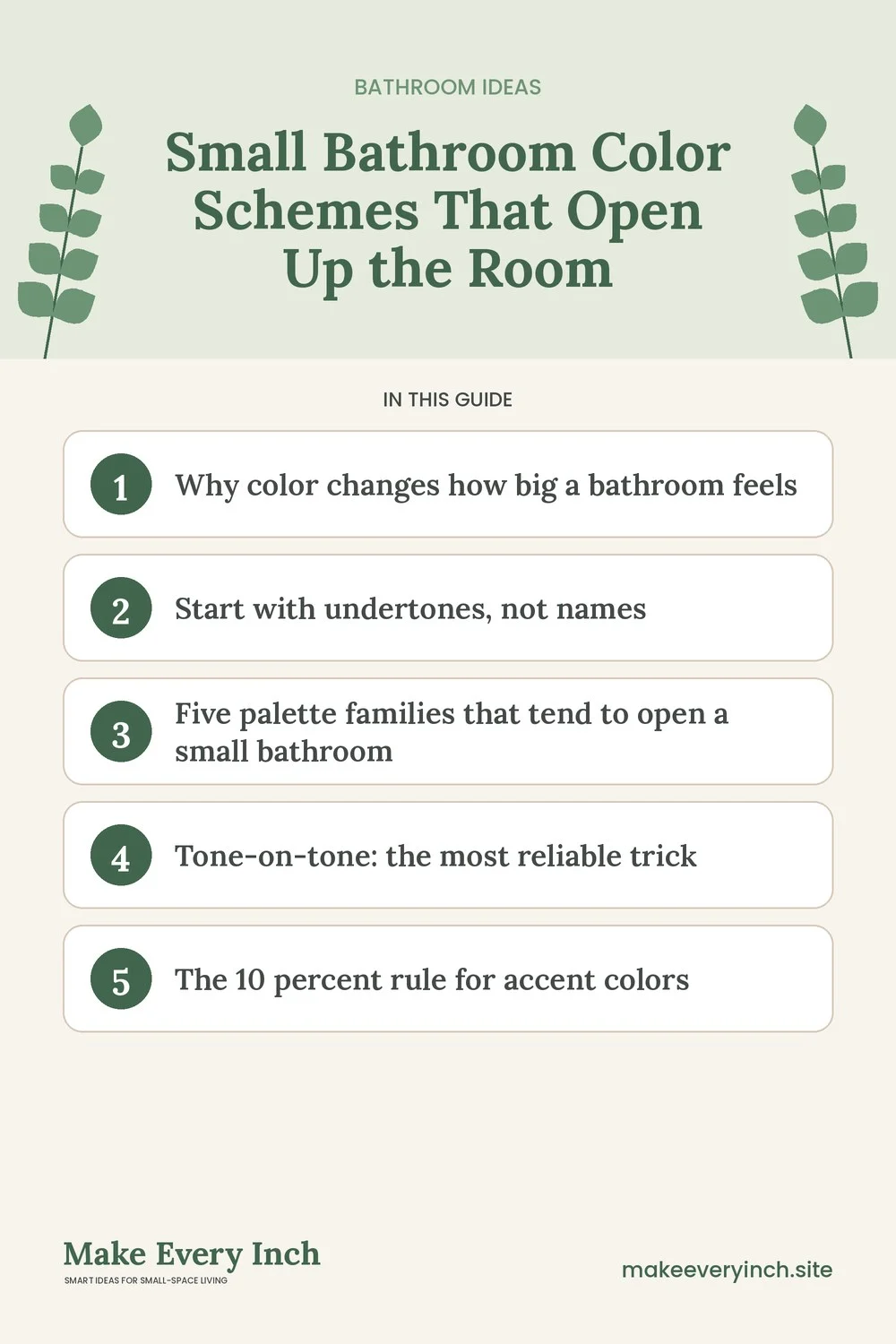 Pinterest pin listing the main topics in: Small Bathroom Color Schemes That Open Up the Room