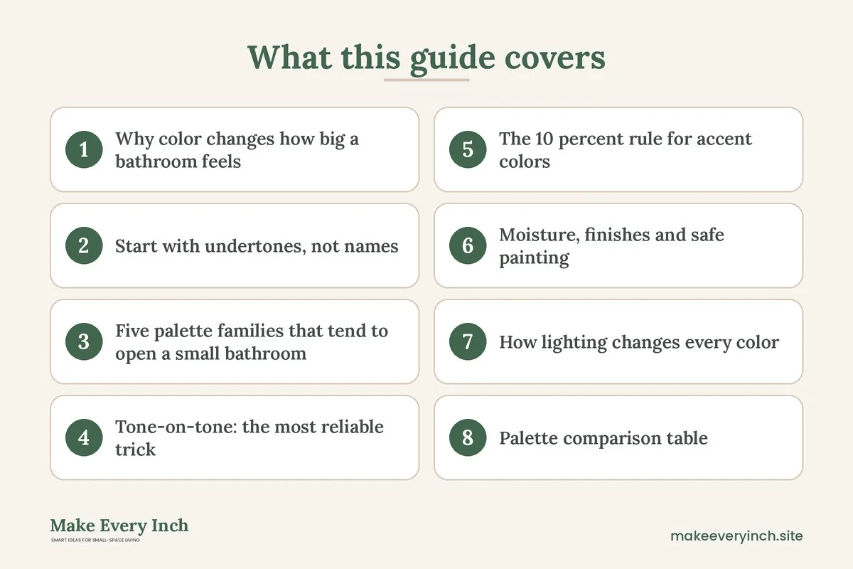 Graphic listing 8 topics covered in: Small Bathroom Color Schemes That Open Up the Room