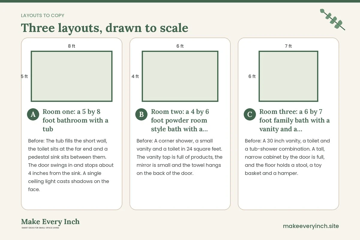 Three room layouts drawn to scale with dimensions and placement notes for: Small Bathroom Ideas Before and After