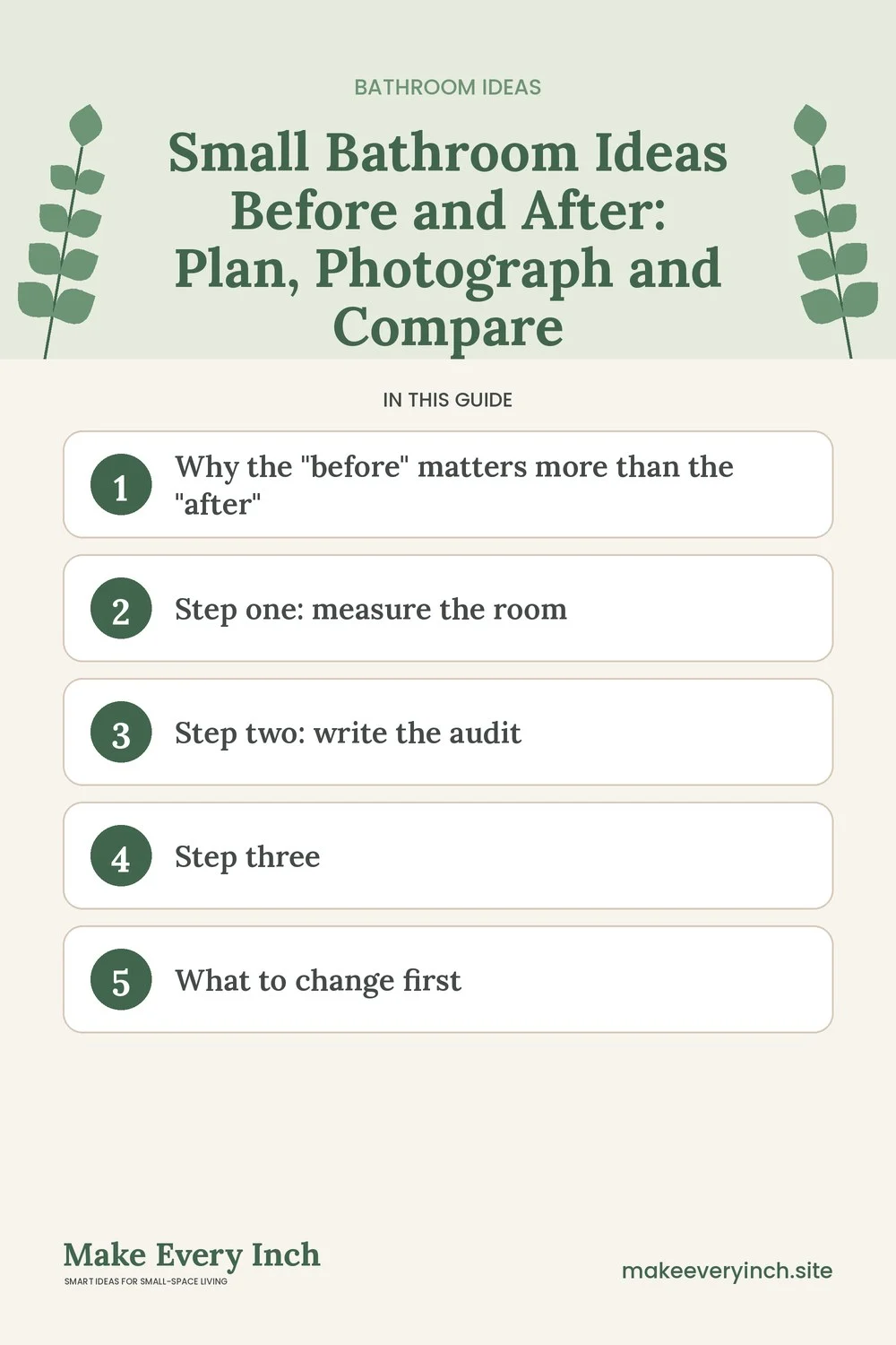 Pinterest pin listing the main topics in: Small Bathroom Ideas Before and After