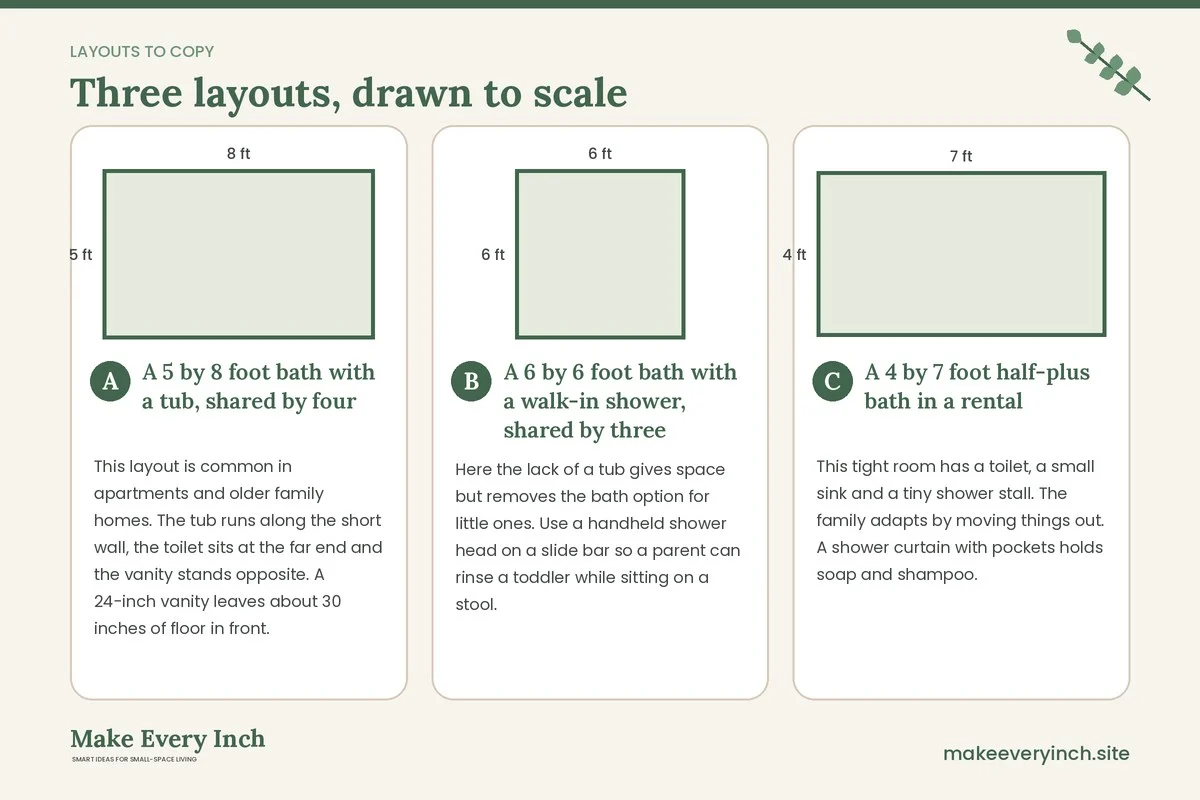 Three room layouts drawn to scale with dimensions and placement notes for: 15 Small Bathroom Ideas for Families to Beat the Morning Rush