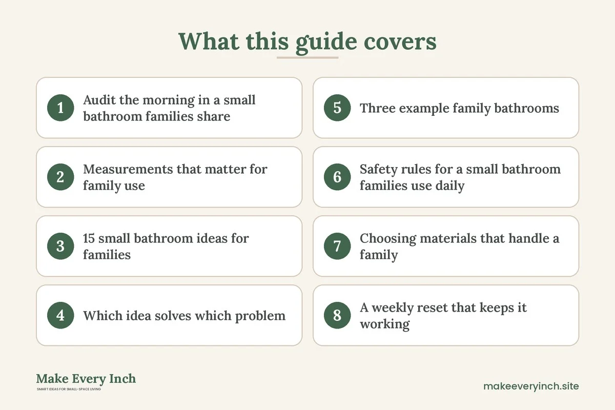 Graphic listing 8 topics covered in: 15 Small Bathroom Ideas for Families to Beat the Morning Rush