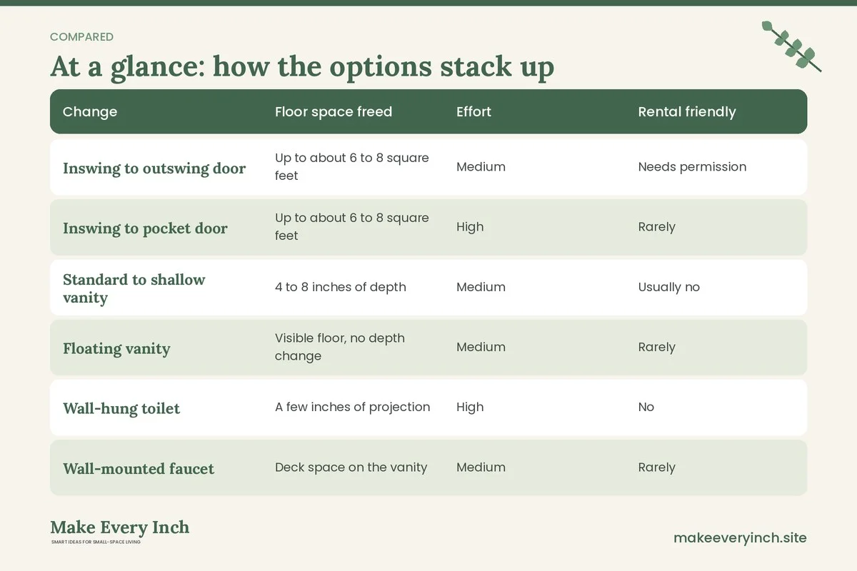 Comparison table of options for: Small Bathroom Ideas for Narrow Rooms (Change, Floor space freed, Effort, Rental friendly)