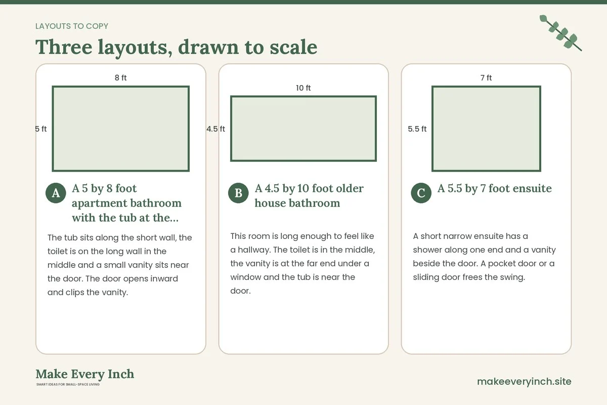 Three room layouts drawn to scale with dimensions and placement notes for: Small Bathroom Ideas for Narrow Rooms