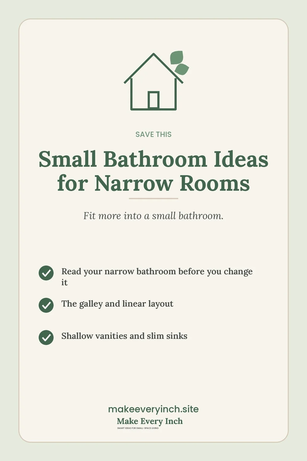 Save-this Pinterest pin with a short checklist for: Small Bathroom Ideas for Narrow Rooms