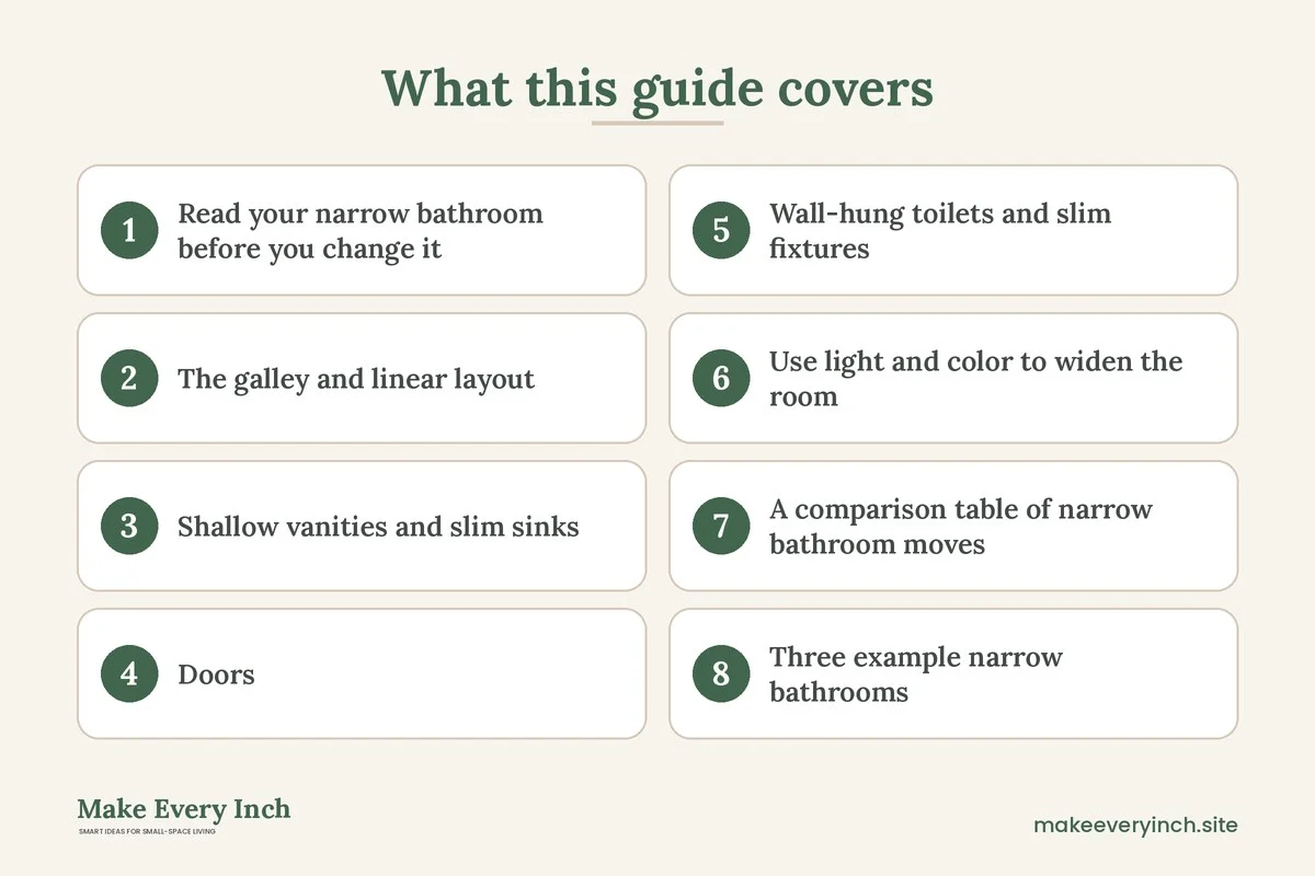 Graphic listing 8 topics covered in: Small Bathroom Ideas for Narrow Rooms