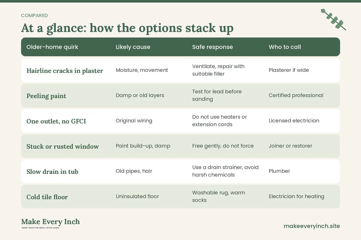 Comparison table of options for: Small Bathroom Ideas for Older Homes (Older-home quirk, Likely cause, Safe response, Who to call)
