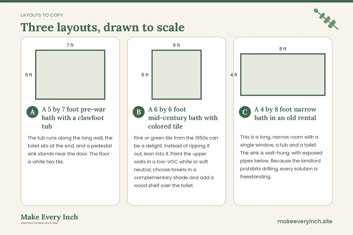 Three room layouts drawn to scale with dimensions and placement notes for: Small Bathroom Ideas for Older Homes