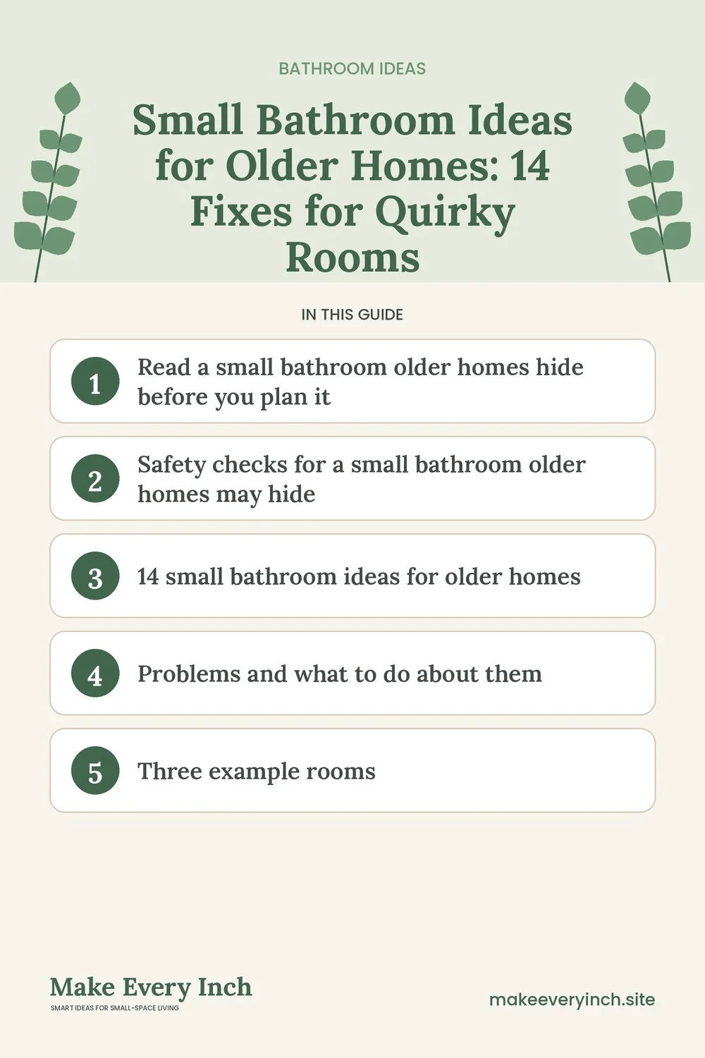 Pinterest pin listing the main topics in: Small Bathroom Ideas for Older Homes