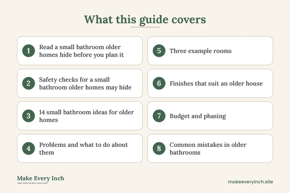 Graphic listing 8 topics covered in: Small Bathroom Ideas for Older Homes