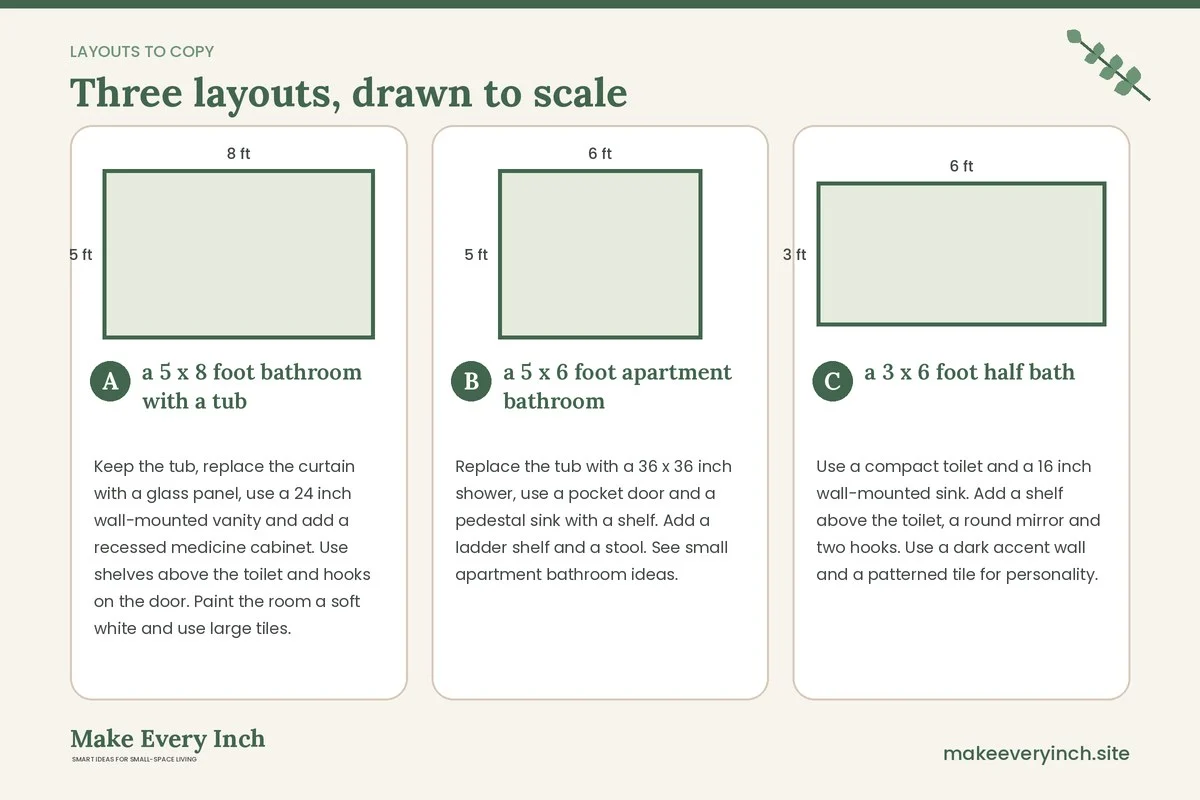 Three room layouts drawn to scale with dimensions and placement notes for: 27 Small Bathroom Ideas That Make the Most of Every Inch