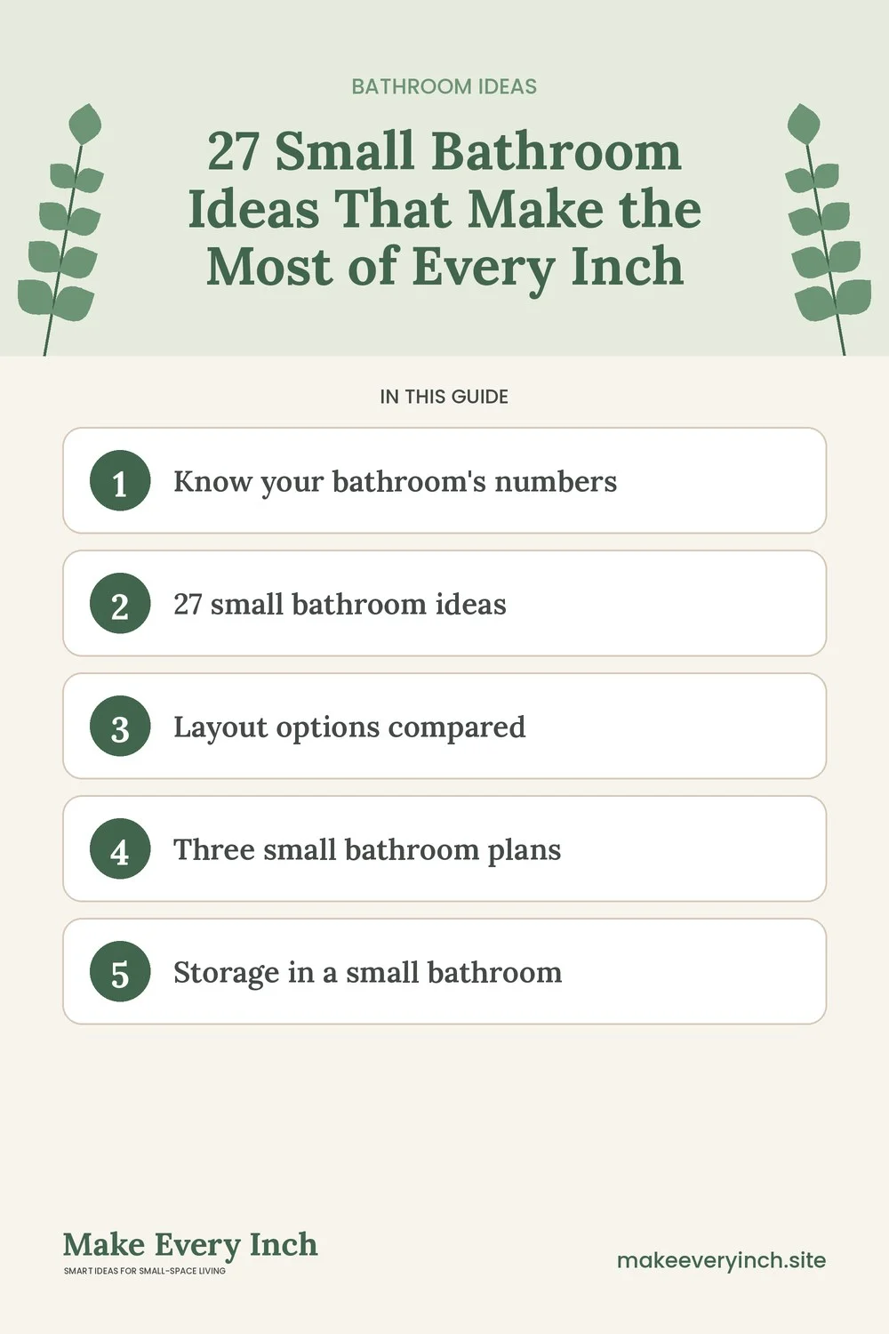 Pinterest pin listing the main topics in: 27 Small Bathroom Ideas That Make the Most of Every Inch